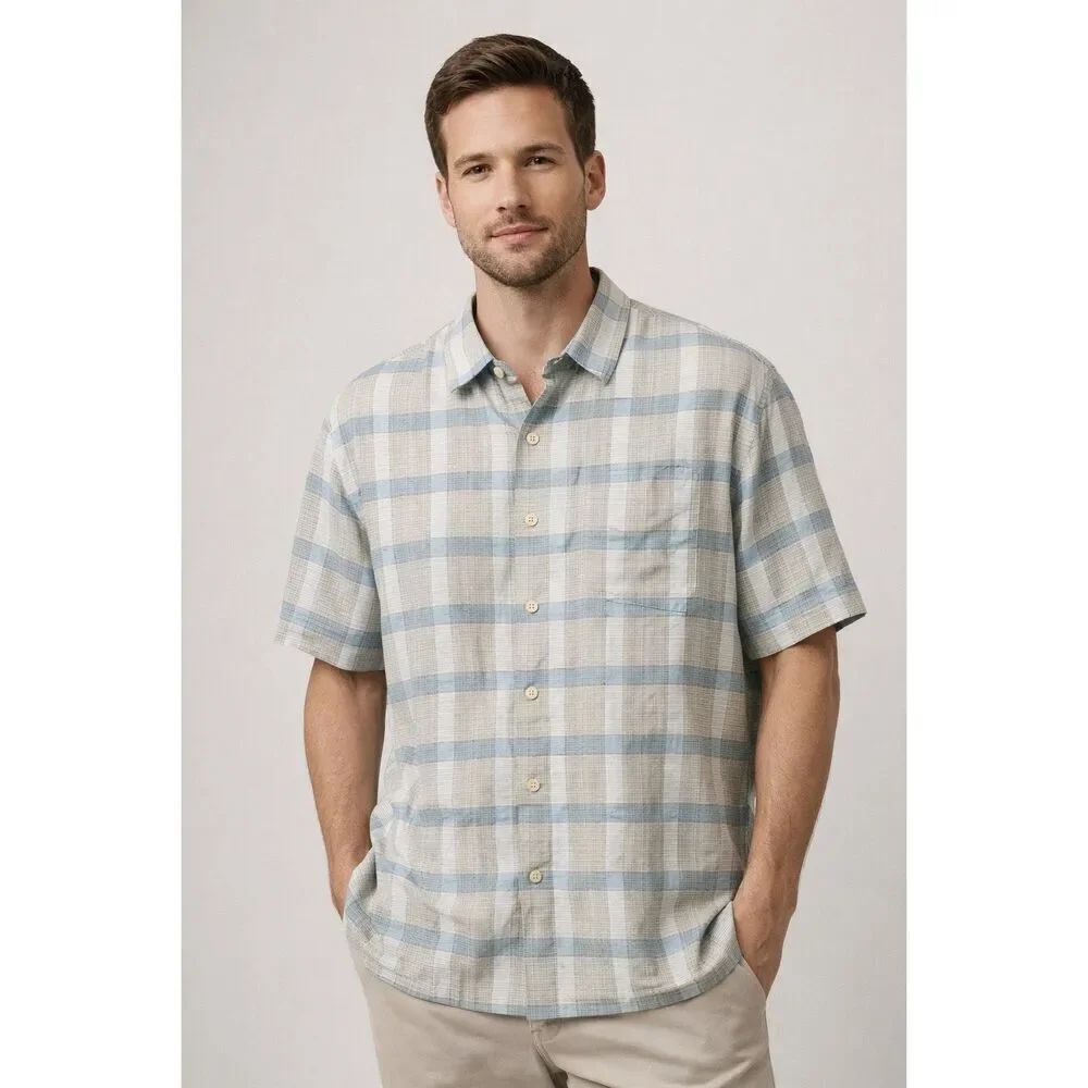 Tommy Bahama Silk Blend Plaid Shirt Mens XL Original Fit Blue